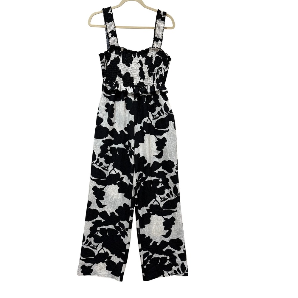 Doe and Rae Womens Black White Floral Smocked Wide Leg Jumpsuit Small 28331R